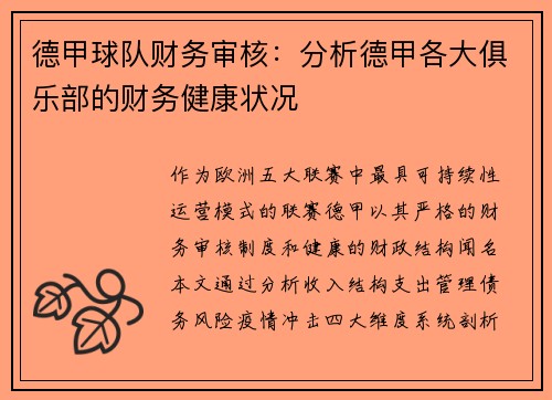 德甲球队财务审核：分析德甲各大俱乐部的财务健康状况
